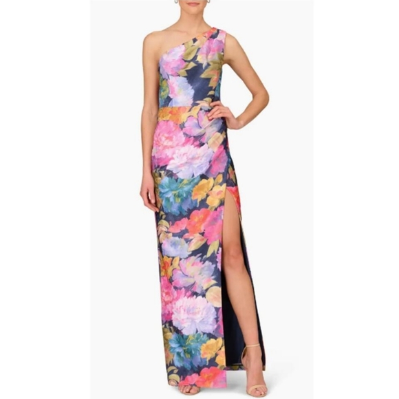 Aidan Mattox One Shoulder Draped Floral Gown With Thigh Slit In Navy Multi - Picture 1 of 14